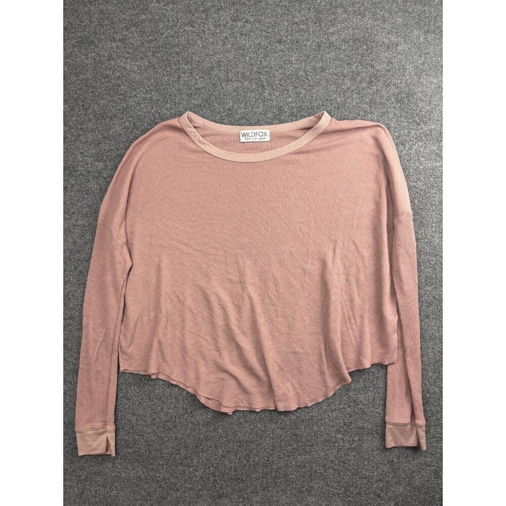 Wildfox Shirt Womens Large Pink Waffle Knit Cropped Long Sleeve Tee‎ Made USA